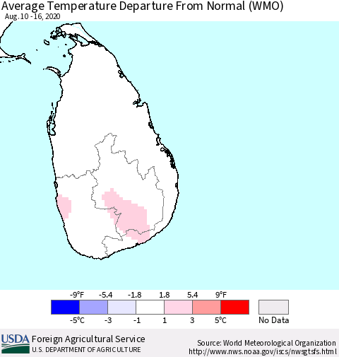 Sri Lanka Average Temperature Departure from Normal (WMO) Thematic Map For 8/10/2020 - 8/16/2020