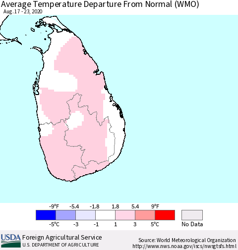 Sri Lanka Average Temperature Departure from Normal (WMO) Thematic Map For 8/17/2020 - 8/23/2020