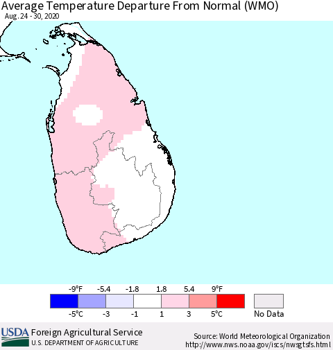 Sri Lanka Average Temperature Departure from Normal (WMO) Thematic Map For 8/24/2020 - 8/30/2020