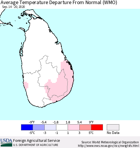 Sri Lanka Average Temperature Departure from Normal (WMO) Thematic Map For 9/14/2020 - 9/20/2020