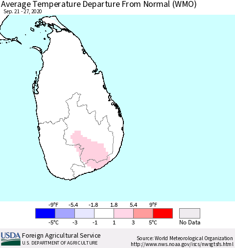 Sri Lanka Average Temperature Departure From Normal (WMO) Thematic Map For 9/21/2020 - 9/27/2020