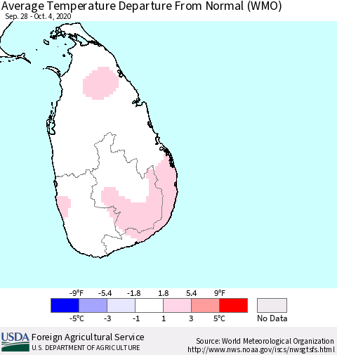 Sri Lanka Average Temperature Departure From Normal (WMO) Thematic Map For 9/28/2020 - 10/4/2020