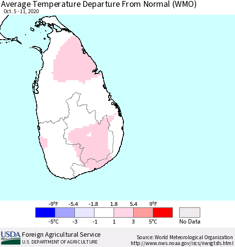 Sri Lanka Average Temperature Departure from Normal (WMO) Thematic Map For 10/5/2020 - 10/11/2020
