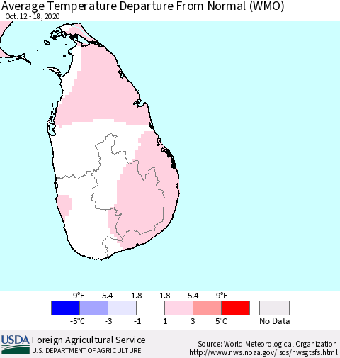 Sri Lanka Average Temperature Departure from Normal (WMO) Thematic Map For 10/12/2020 - 10/18/2020