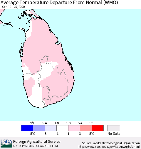 Sri Lanka Average Temperature Departure from Normal (WMO) Thematic Map For 10/19/2020 - 10/25/2020