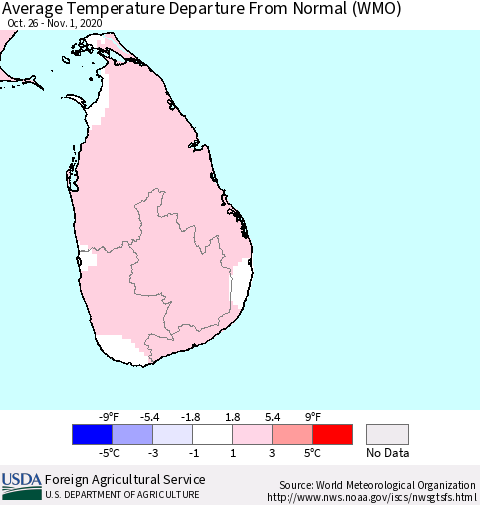 Sri Lanka Average Temperature Departure from Normal (WMO) Thematic Map For 10/26/2020 - 11/1/2020