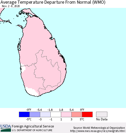 Sri Lanka Average Temperature Departure from Normal (WMO) Thematic Map For 11/2/2020 - 11/8/2020
