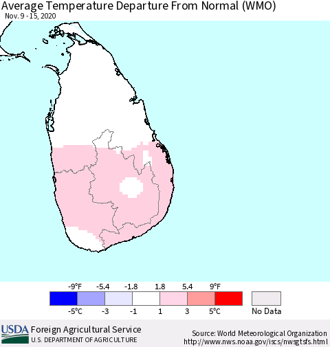Sri Lanka Average Temperature Departure From Normal (WMO) Thematic Map For 11/9/2020 - 11/15/2020