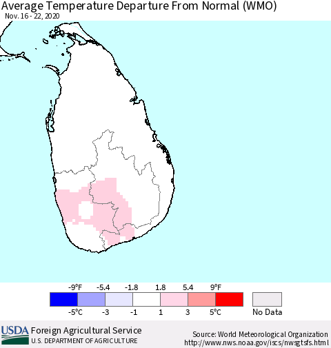 Sri Lanka Average Temperature Departure from Normal (WMO) Thematic Map For 11/16/2020 - 11/22/2020