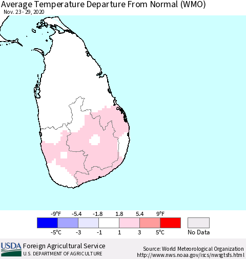 Sri Lanka Average Temperature Departure from Normal (WMO) Thematic Map For 11/23/2020 - 11/29/2020