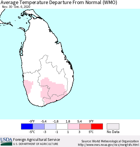 Sri Lanka Average Temperature Departure from Normal (WMO) Thematic Map For 11/30/2020 - 12/6/2020