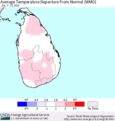 Sri Lanka Average Temperature Departure From Normal (WMO) Thematic Map For 12/7/2020 - 12/13/2020