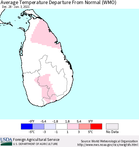Sri Lanka Average Temperature Departure From Normal (WMO) Thematic Map For 12/28/2020 - 1/3/2021