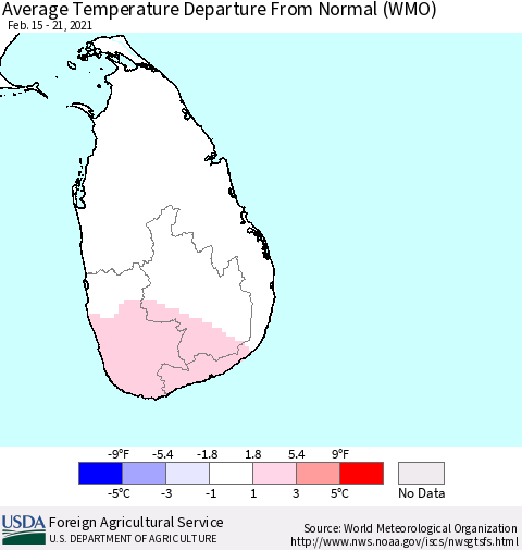 Sri Lanka Average Temperature Departure From Normal (WMO) Thematic Map For 2/15/2021 - 2/21/2021
