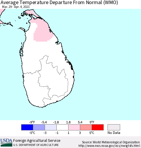 Sri Lanka Average Temperature Departure from Normal (WMO) Thematic Map For 3/29/2021 - 4/4/2021