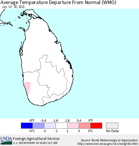 Sri Lanka Average Temperature Departure from Normal (WMO) Thematic Map For 6/14/2021 - 6/20/2021
