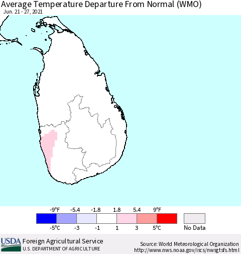 Sri Lanka Average Temperature Departure from Normal (WMO) Thematic Map For 6/21/2021 - 6/27/2021