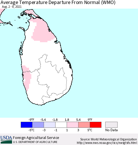 Sri Lanka Average Temperature Departure from Normal (WMO) Thematic Map For 8/2/2021 - 8/8/2021