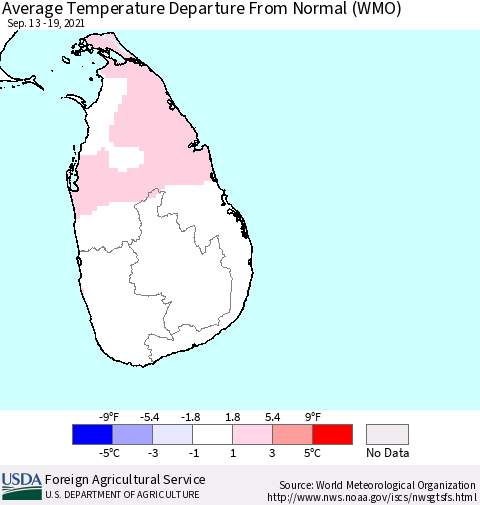 Sri Lanka Average Temperature Departure from Normal (WMO) Thematic Map For 9/13/2021 - 9/19/2021