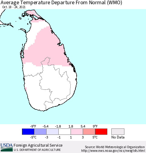 Sri Lanka Average Temperature Departure from Normal (WMO) Thematic Map For 10/18/2021 - 10/24/2021