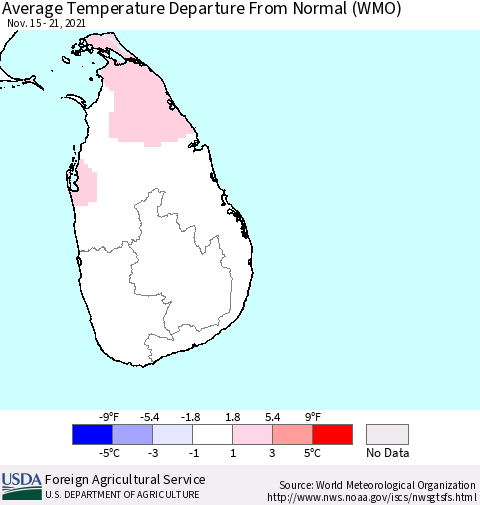 Sri Lanka Average Temperature Departure from Normal (WMO) Thematic Map For 11/15/2021 - 11/21/2021