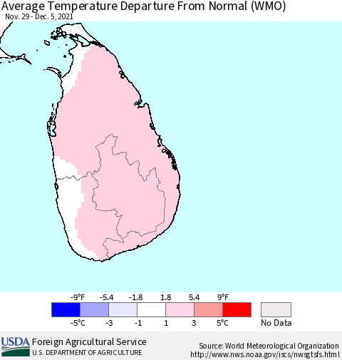 Sri Lanka Average Temperature Departure from Normal (WMO) Thematic Map For 11/29/2021 - 12/5/2021