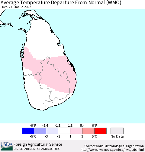 Sri Lanka Average Temperature Departure from Normal (WMO) Thematic Map For 12/27/2021 - 1/2/2022