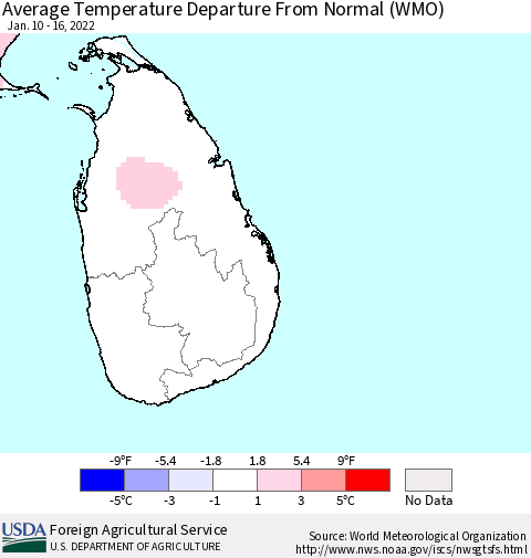 Sri Lanka Average Temperature Departure from Normal (WMO) Thematic Map For 1/10/2022 - 1/16/2022