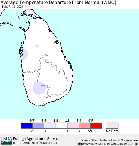 Sri Lanka Average Temperature Departure from Normal (WMO) Thematic Map For 2/7/2022 - 2/13/2022