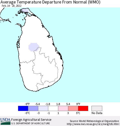 Sri Lanka Average Temperature Departure from Normal (WMO) Thematic Map For 2/14/2022 - 2/20/2022