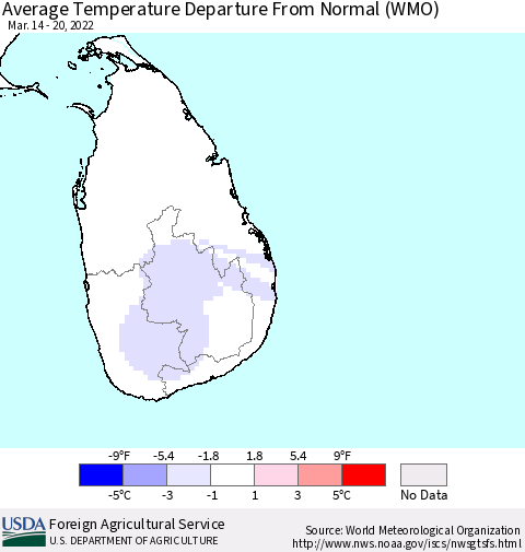 Sri Lanka Average Temperature Departure from Normal (WMO) Thematic Map For 3/14/2022 - 3/20/2022