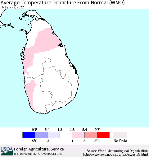 Sri Lanka Average Temperature Departure from Normal (WMO) Thematic Map For 5/2/2022 - 5/8/2022