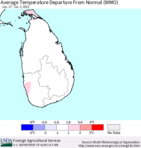 Sri Lanka Average Temperature Departure From Normal (WMO) Thematic Map For 6/27/2022 - 7/3/2022