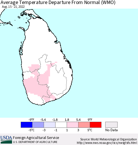 Sri Lanka Average Temperature Departure from Normal (WMO) Thematic Map For 8/15/2022 - 8/21/2022