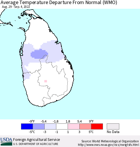 Sri Lanka Average Temperature Departure from Normal (WMO) Thematic Map For 8/29/2022 - 9/4/2022