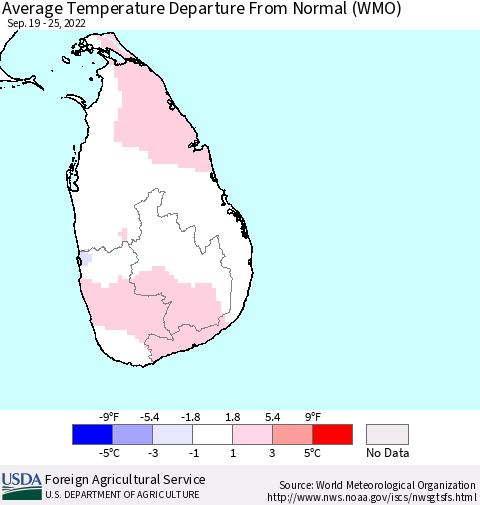 Sri Lanka Average Temperature Departure from Normal (WMO) Thematic Map For 9/19/2022 - 9/25/2022