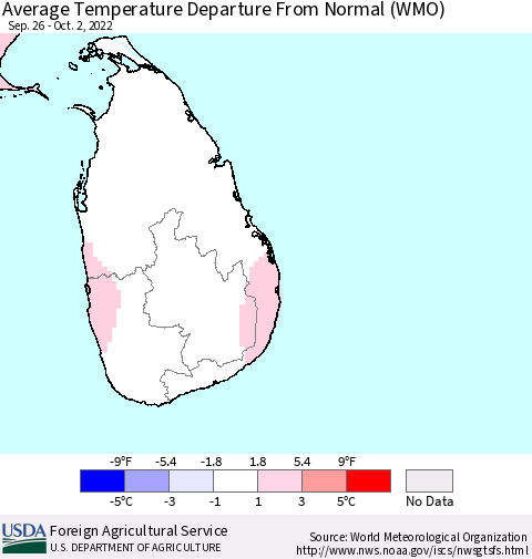 Sri Lanka Average Temperature Departure from Normal (WMO) Thematic Map For 9/26/2022 - 10/2/2022