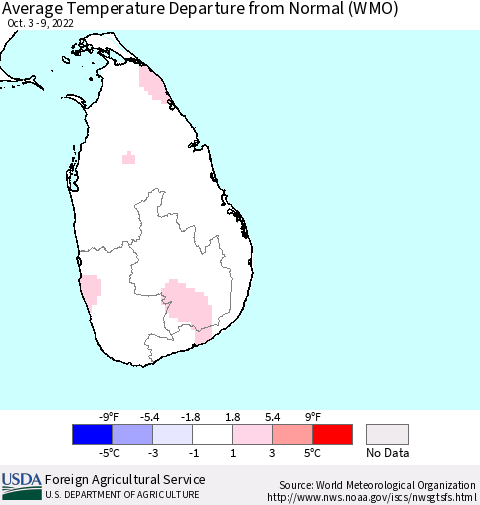 Sri Lanka Average Temperature Departure from Normal (WMO) Thematic Map For 10/3/2022 - 10/9/2022