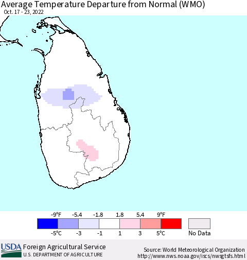 Sri Lanka Average Temperature Departure from Normal (WMO) Thematic Map For 10/17/2022 - 10/23/2022