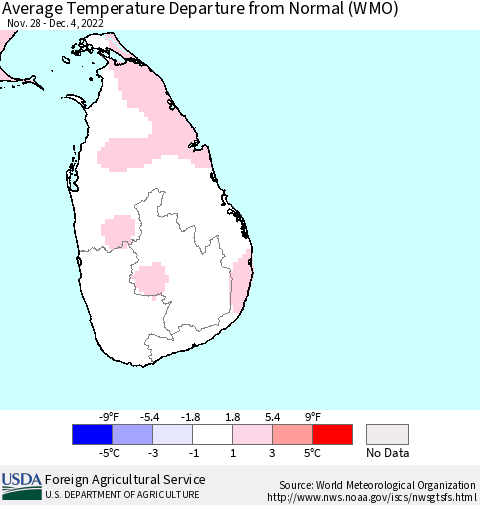 Sri Lanka Average Temperature Departure from Normal (WMO) Thematic Map For 11/28/2022 - 12/4/2022