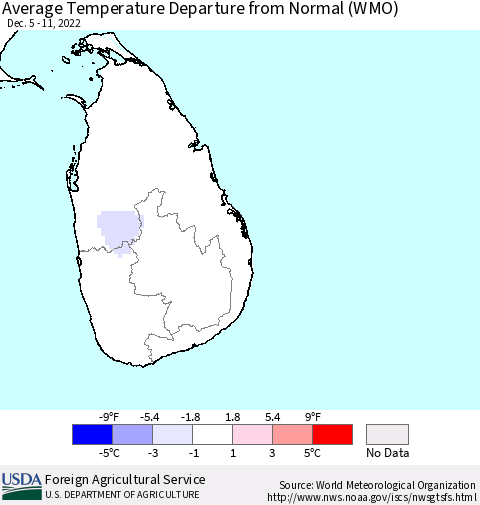 Sri Lanka Average Temperature Departure from Normal (WMO) Thematic Map For 12/5/2022 - 12/11/2022