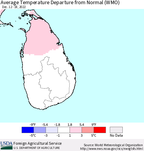 Sri Lanka Average Temperature Departure from Normal (WMO) Thematic Map For 12/12/2022 - 12/18/2022