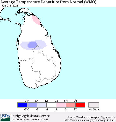 Sri Lanka Average Temperature Departure from Normal (WMO) Thematic Map For 1/2/2023 - 1/8/2023