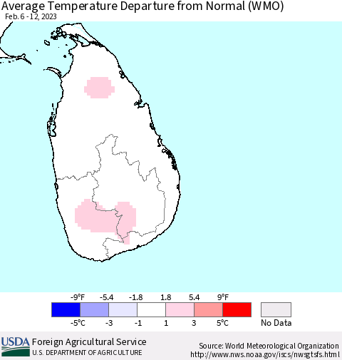 Sri Lanka Average Temperature Departure from Normal (WMO) Thematic Map For 2/6/2023 - 2/12/2023
