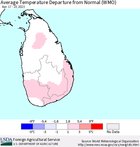 Sri Lanka Average Temperature Departure from Normal (WMO) Thematic Map For 4/17/2023 - 4/23/2023