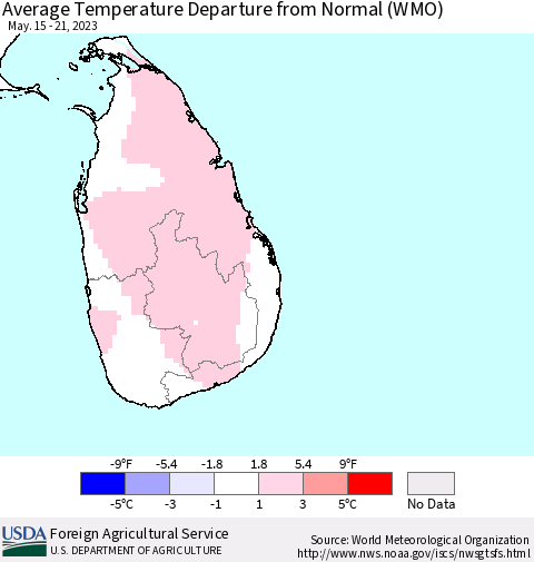 Sri Lanka Average Temperature Departure from Normal (WMO) Thematic Map For 5/15/2023 - 5/21/2023