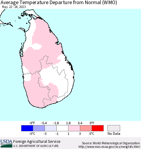 Sri Lanka Average Temperature Departure from Normal (WMO) Thematic Map For 5/22/2023 - 5/28/2023