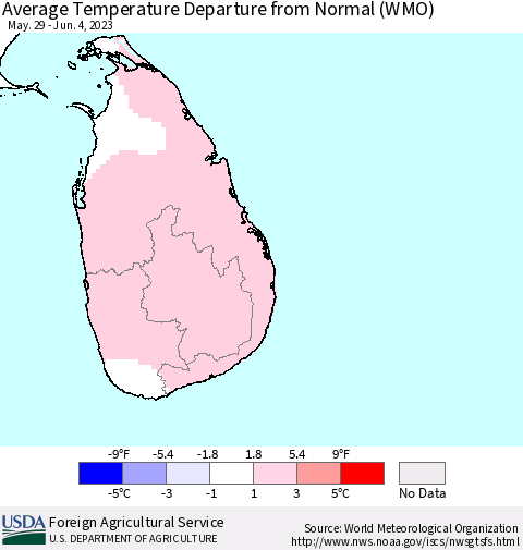 Sri Lanka Average Temperature Departure from Normal (WMO) Thematic Map For 5/29/2023 - 6/4/2023