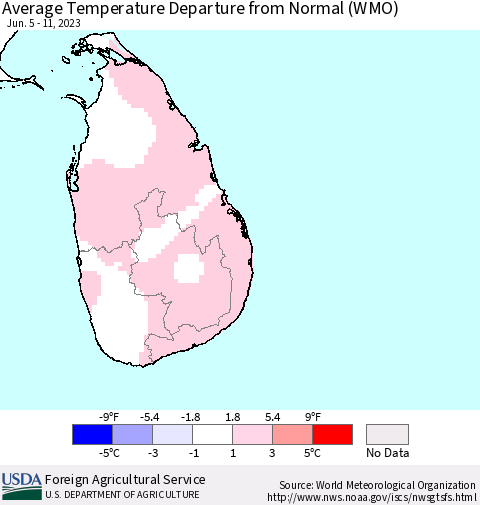 Sri Lanka Average Temperature Departure from Normal (WMO) Thematic Map For 6/5/2023 - 6/11/2023