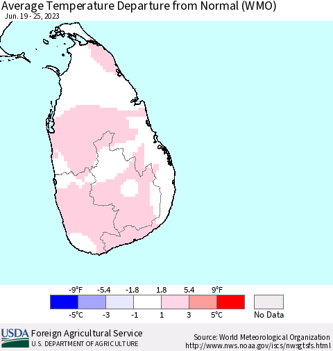Sri Lanka Average Temperature Departure from Normal (WMO) Thematic Map For 6/19/2023 - 6/25/2023